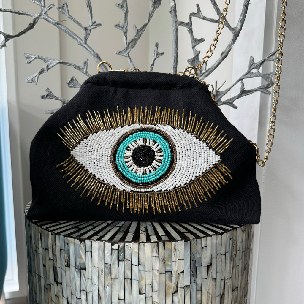 Black handbag Clutch with beaded evil eye