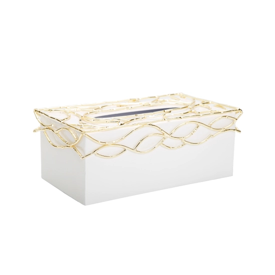 White Tissue Box with Gold Mesh Cover
