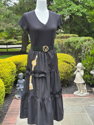 Black long Skirt , frill trim, hand painted.