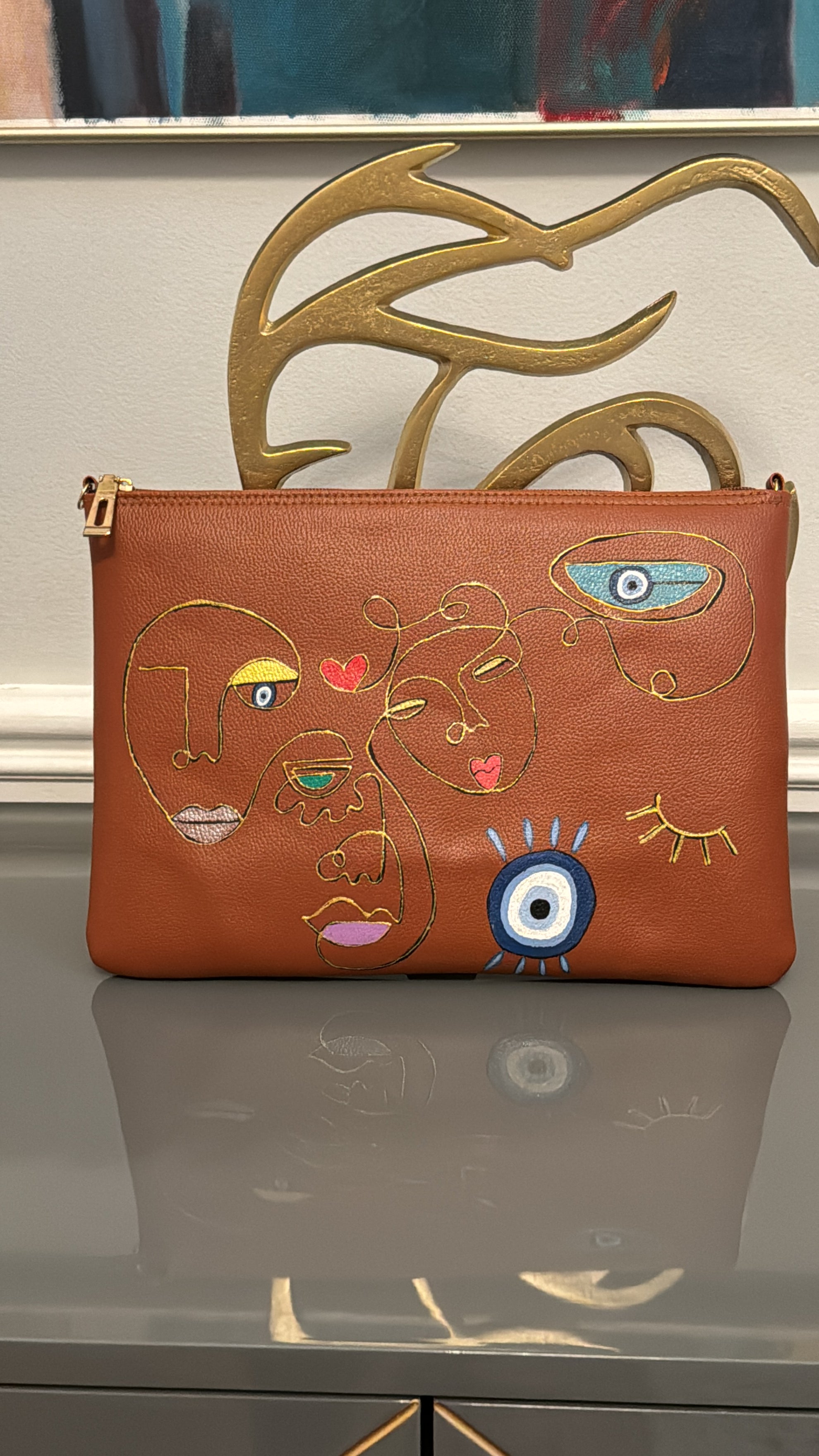 Tan Clutch Hand painted modern theme