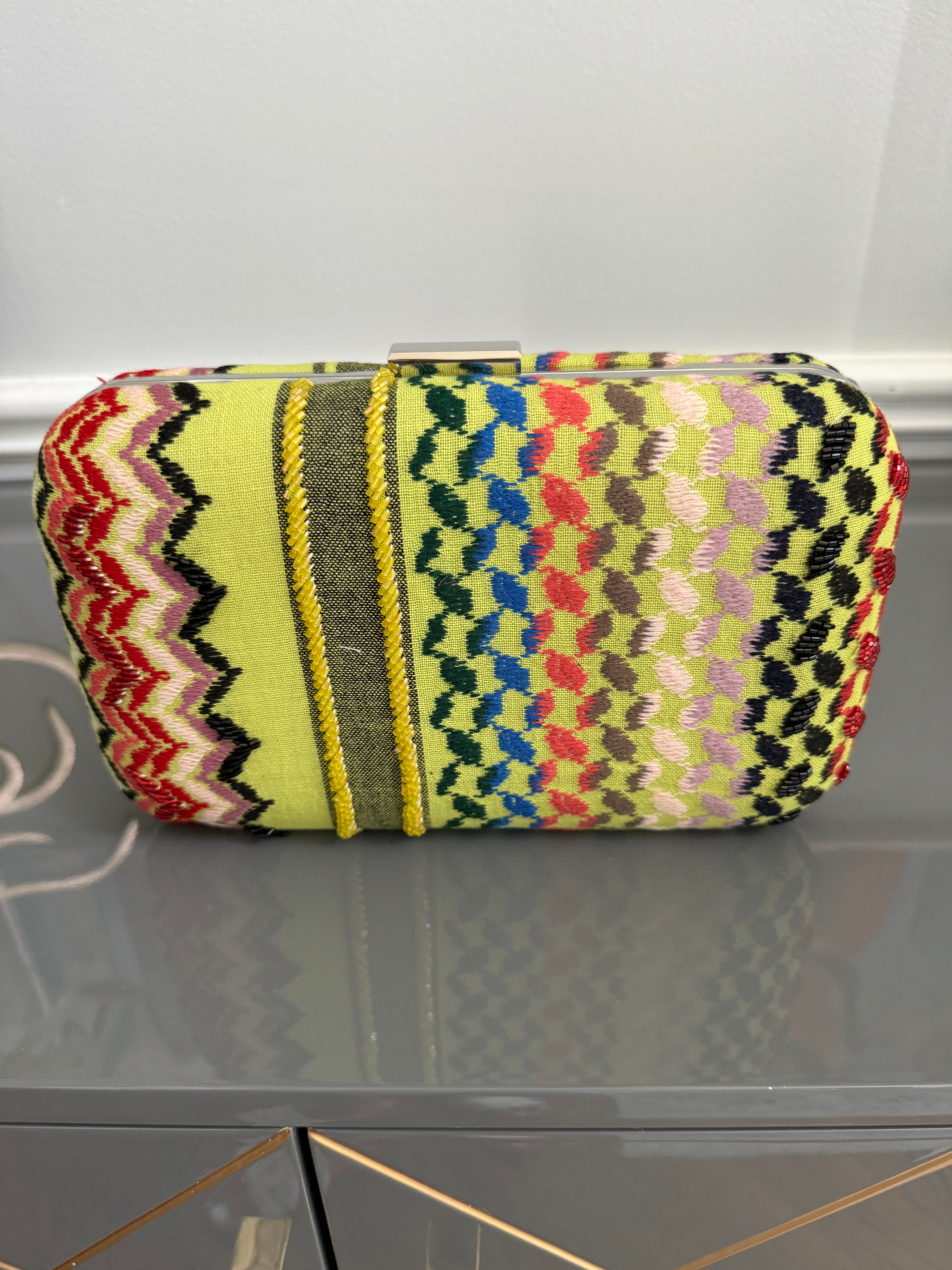 Yellow multi colors rectangle beaded keffiyeh Clutch, handbag