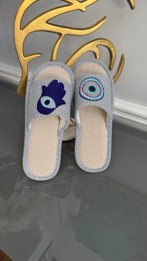 Navy Blue Slip on Slippers. Designed with evil eye and Fatima Hand