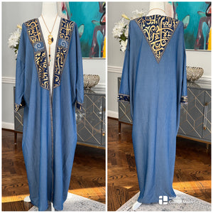 Blue Denim Open caftan embroidery Arabic Caligraphy design .