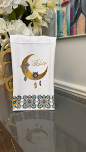 White Arabian mosaic design and Ramadan theme crescent and Arabic Calligraphy رمضان كريم