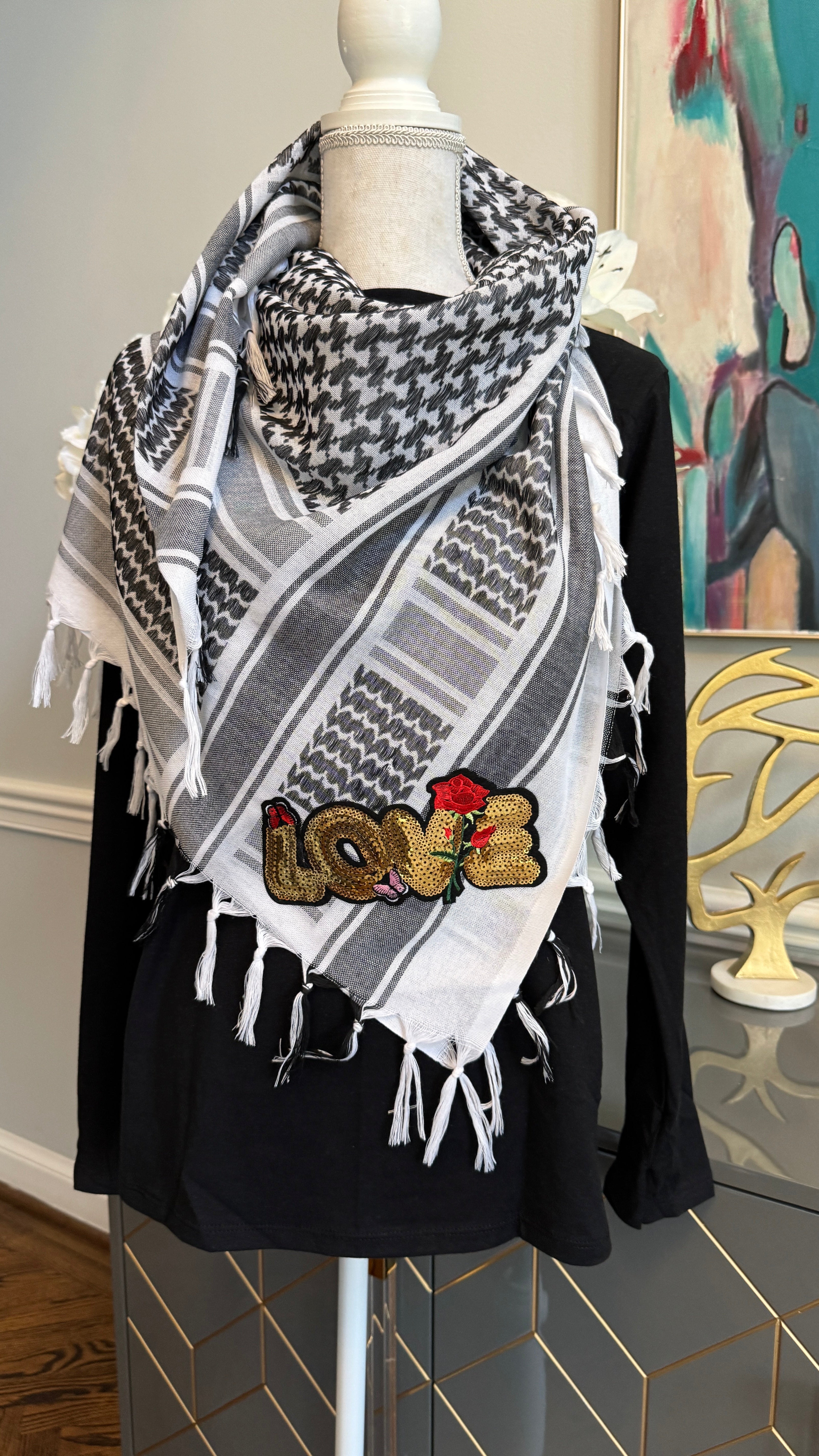 Black & White Keffiyeh, Kuffiyeh, Shemagh designed with Sequin motif