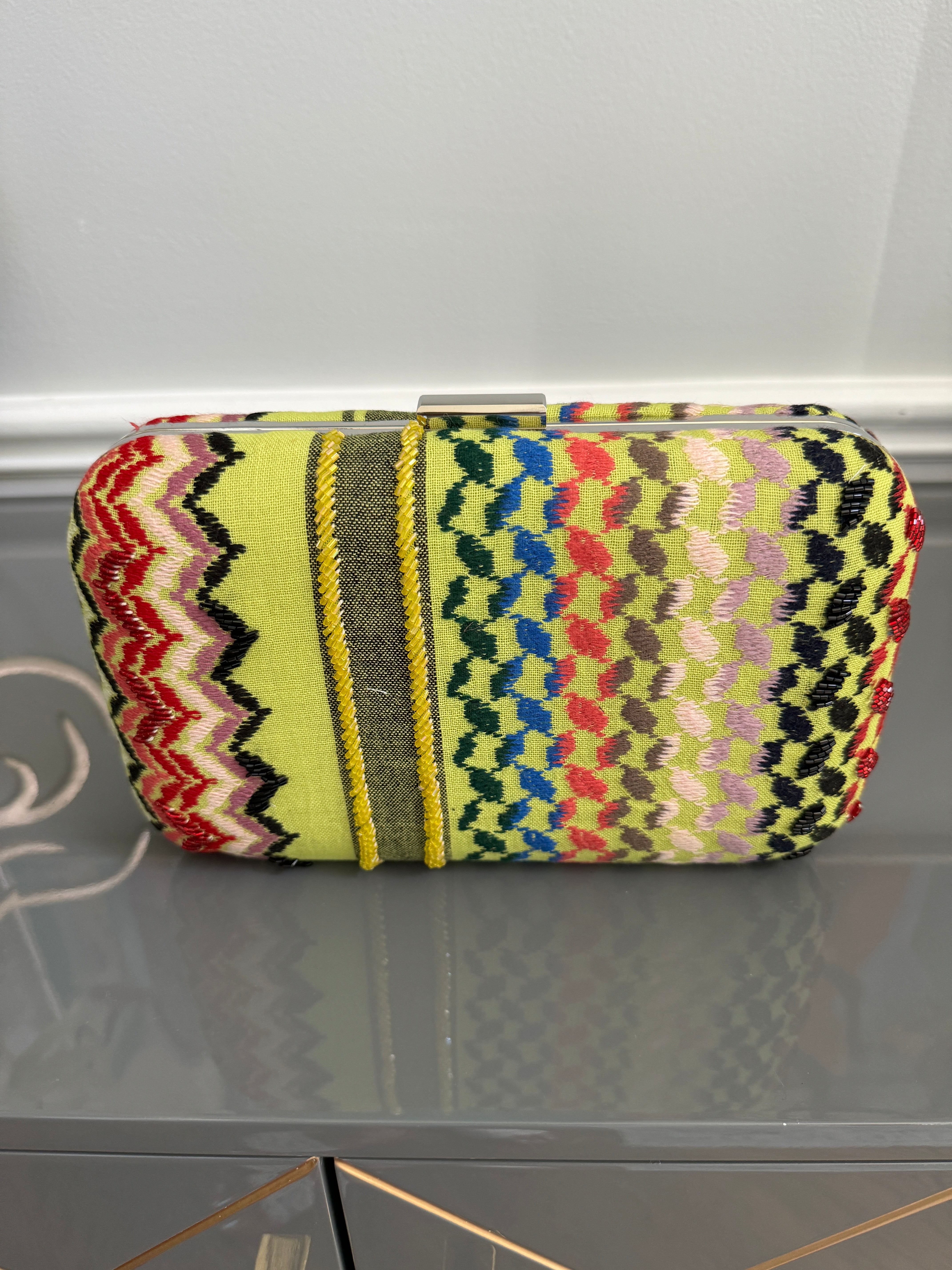 Yellow multi colors rectangle beaded keffiyeh Clutch, handbag