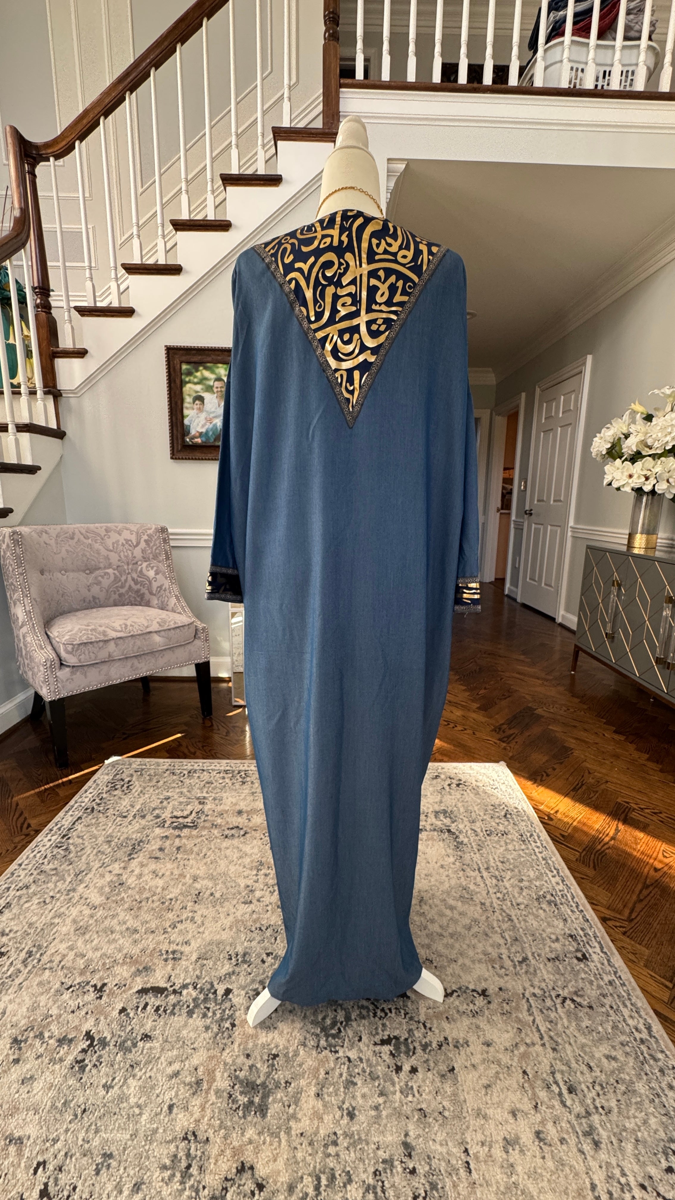 Blue Denim Open caftan embroidery Arabic Caligraphy design .