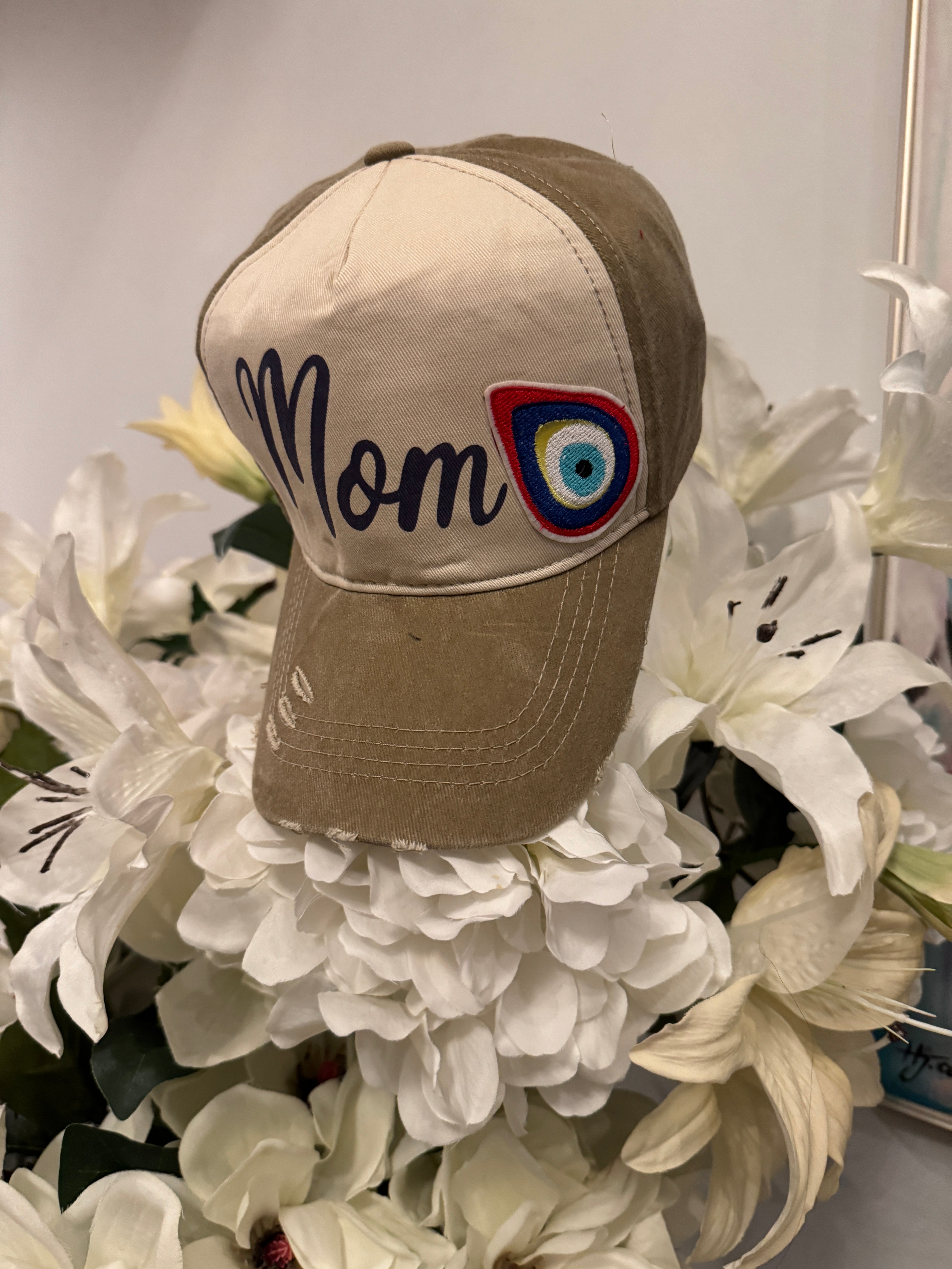 Cap hat Mom design with embroidery tear drop evil eye.