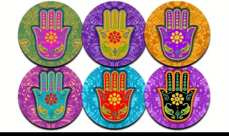 Set of Six wooden coasters hand painted multicolor Fatimah hand theme