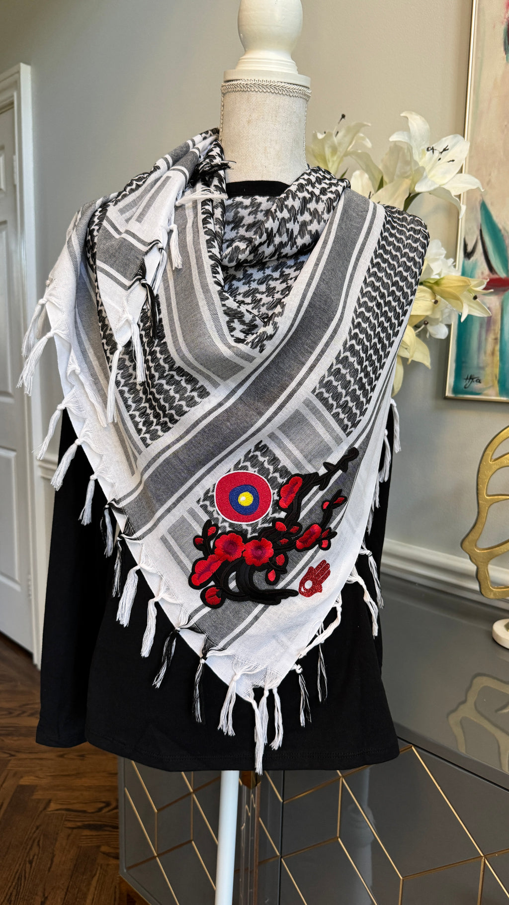 Black & White Keffiyeh, Kuffiyeh, Shemagh designed with embroidery flowers , evil eye and glitter Fatimah Hand motif