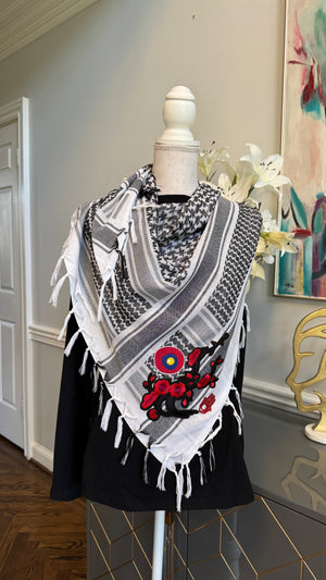 Black & White Keffiyeh, Kuffiyeh, Shemagh designed with embroidery flowers , evil eye and glitter Fatimah Hand motif