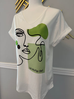 V Neck neck white shirt beauty & Arabic caligraphy Design اهلا بها الطلة اهلا