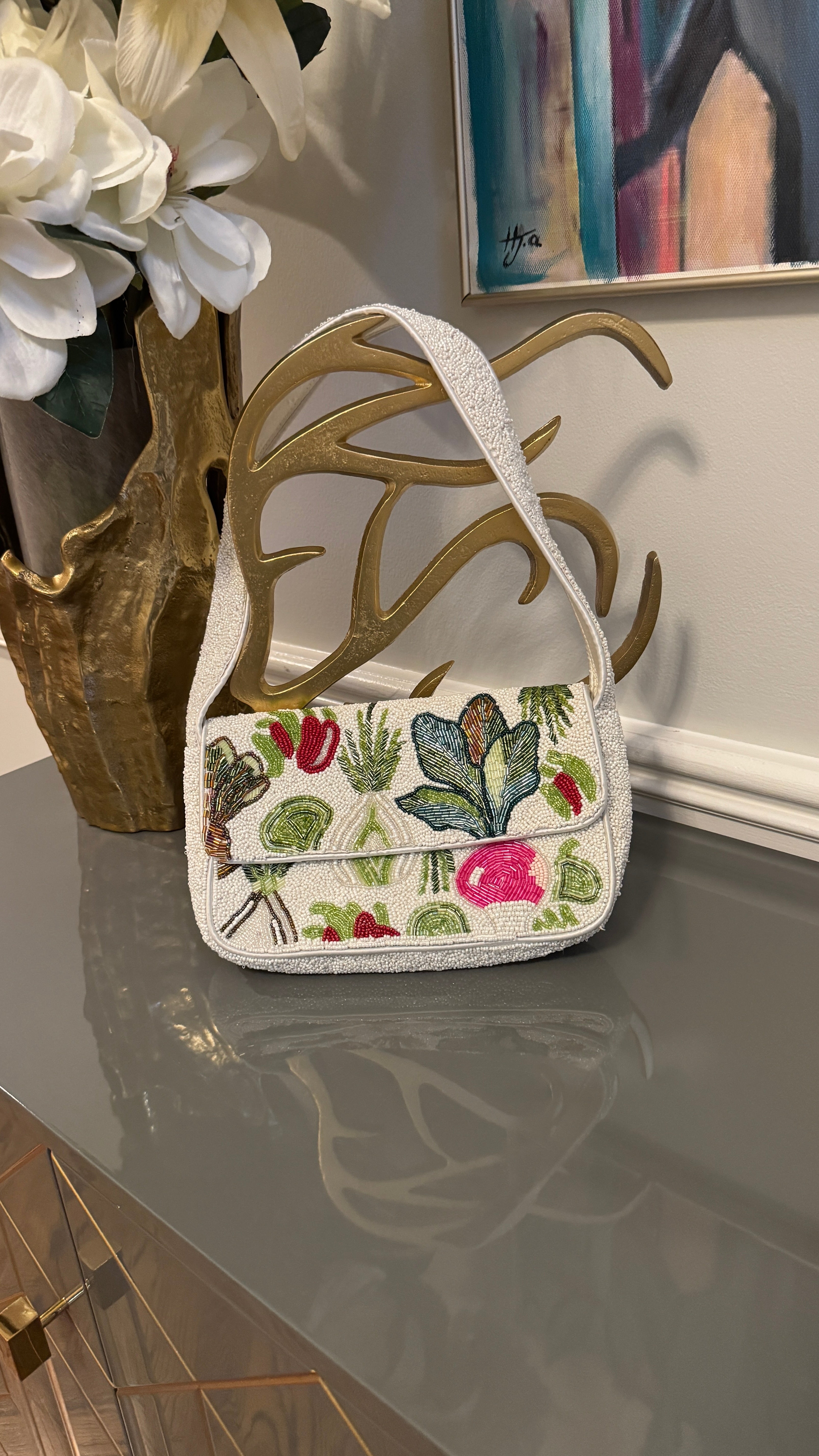 White, Multi color, Beaded clutch