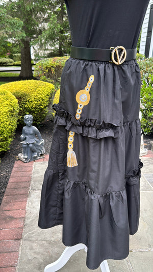 Black long Skirt , frill trim, hand painted.
