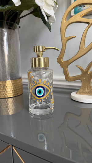 Clear Glass & Gold Soap Dispenser designed with evil eye 🧿 motif.