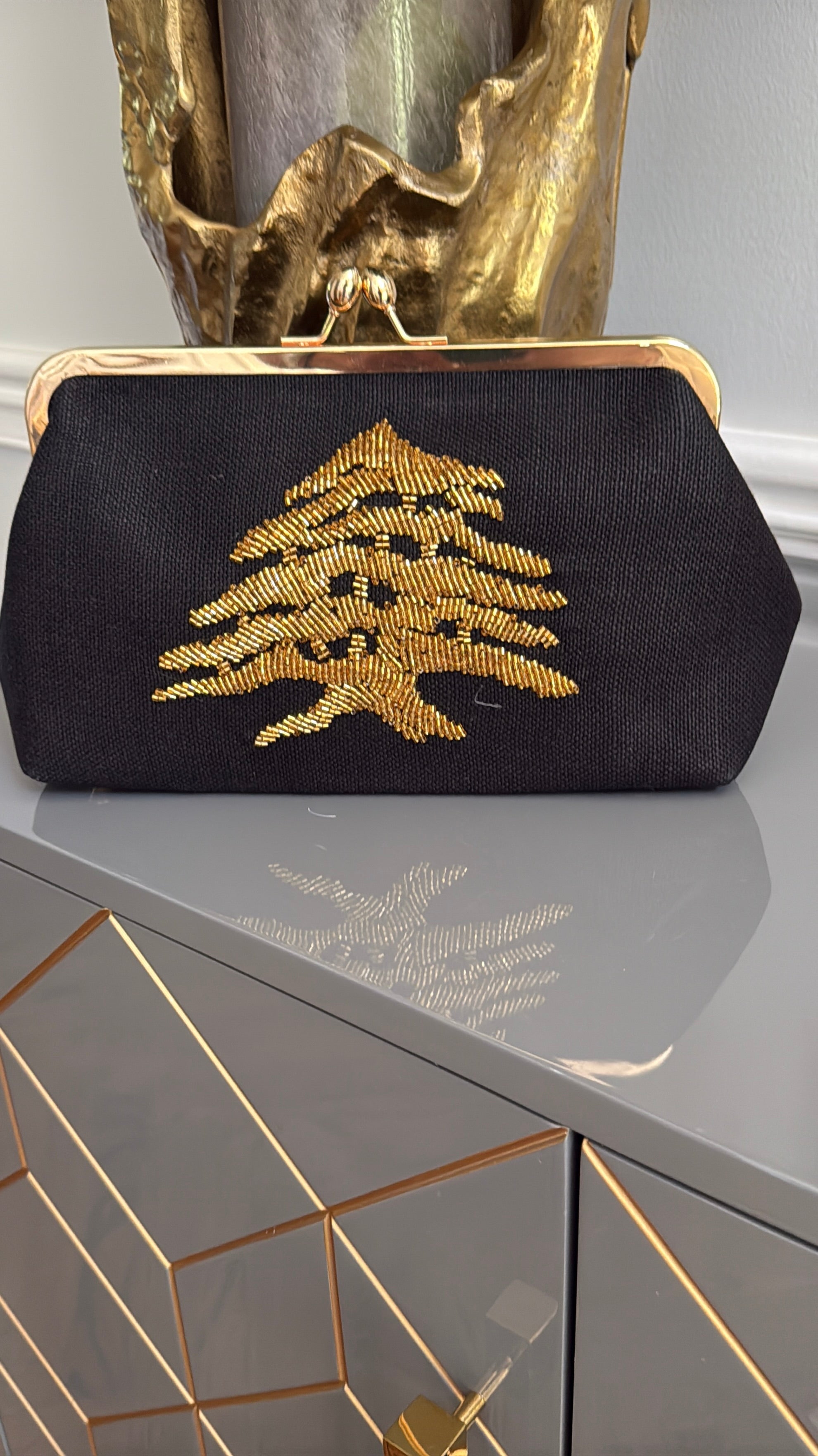 Black Handbag, clutch, purse beaded cedar of Lebanon.