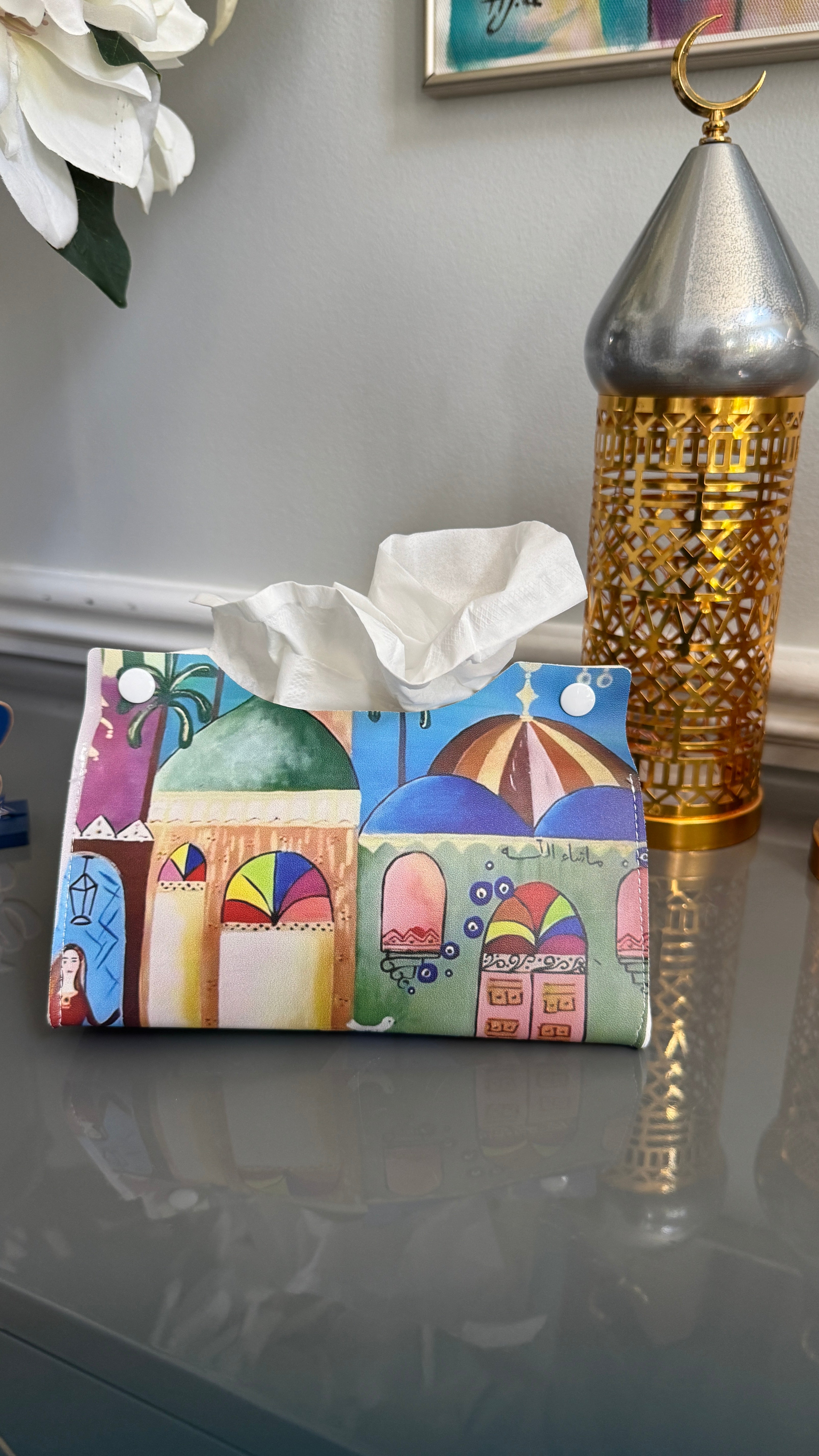 Tissue box cover designed with Middle Eastern Theme and Arabic Caligraphy ماشاءالله