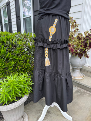 Black long Skirt , frill trim, hand painted.