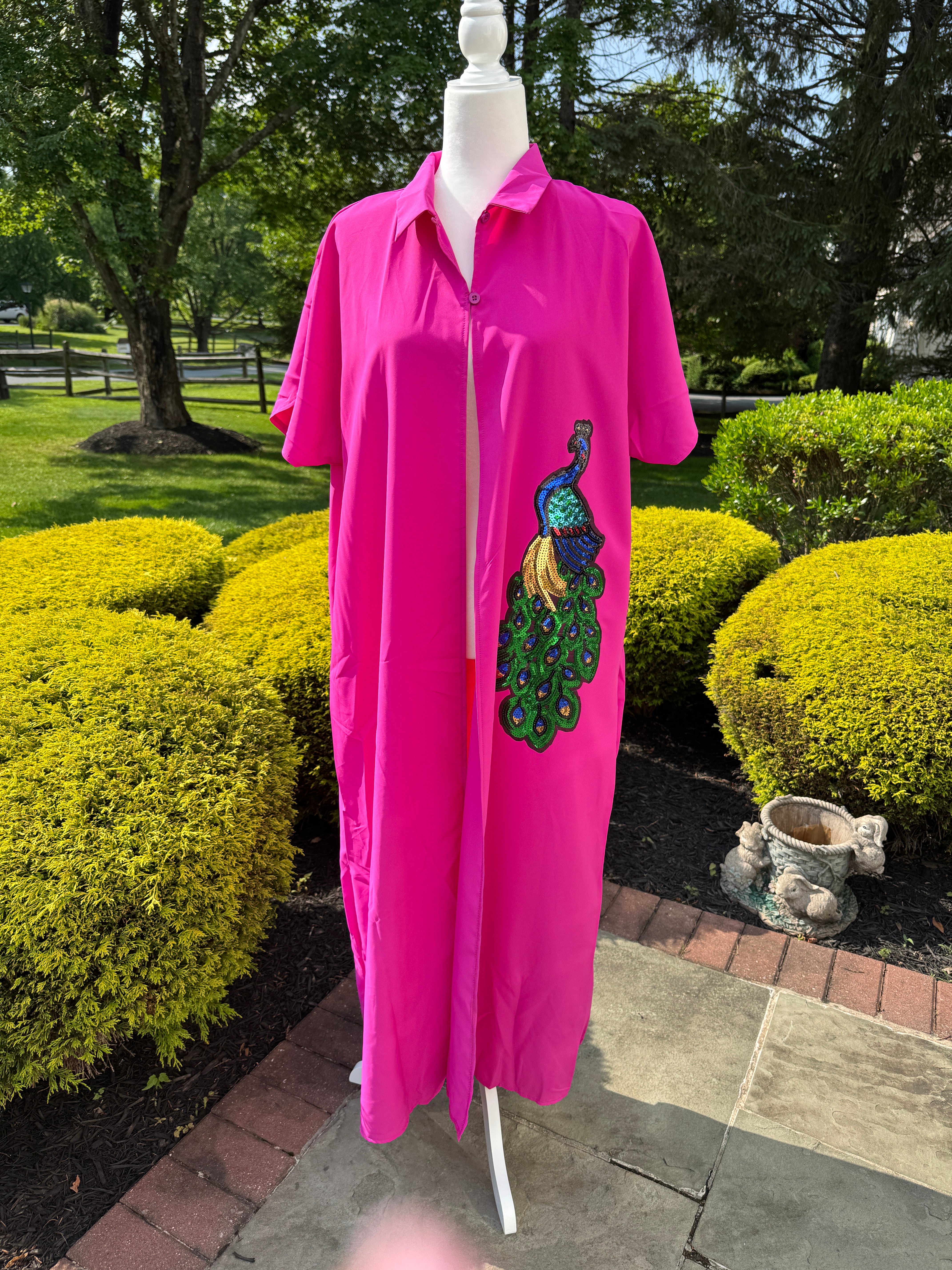 Casual Button Design Batwing Sleeve Super Long Shirt , designed with sequins motif.