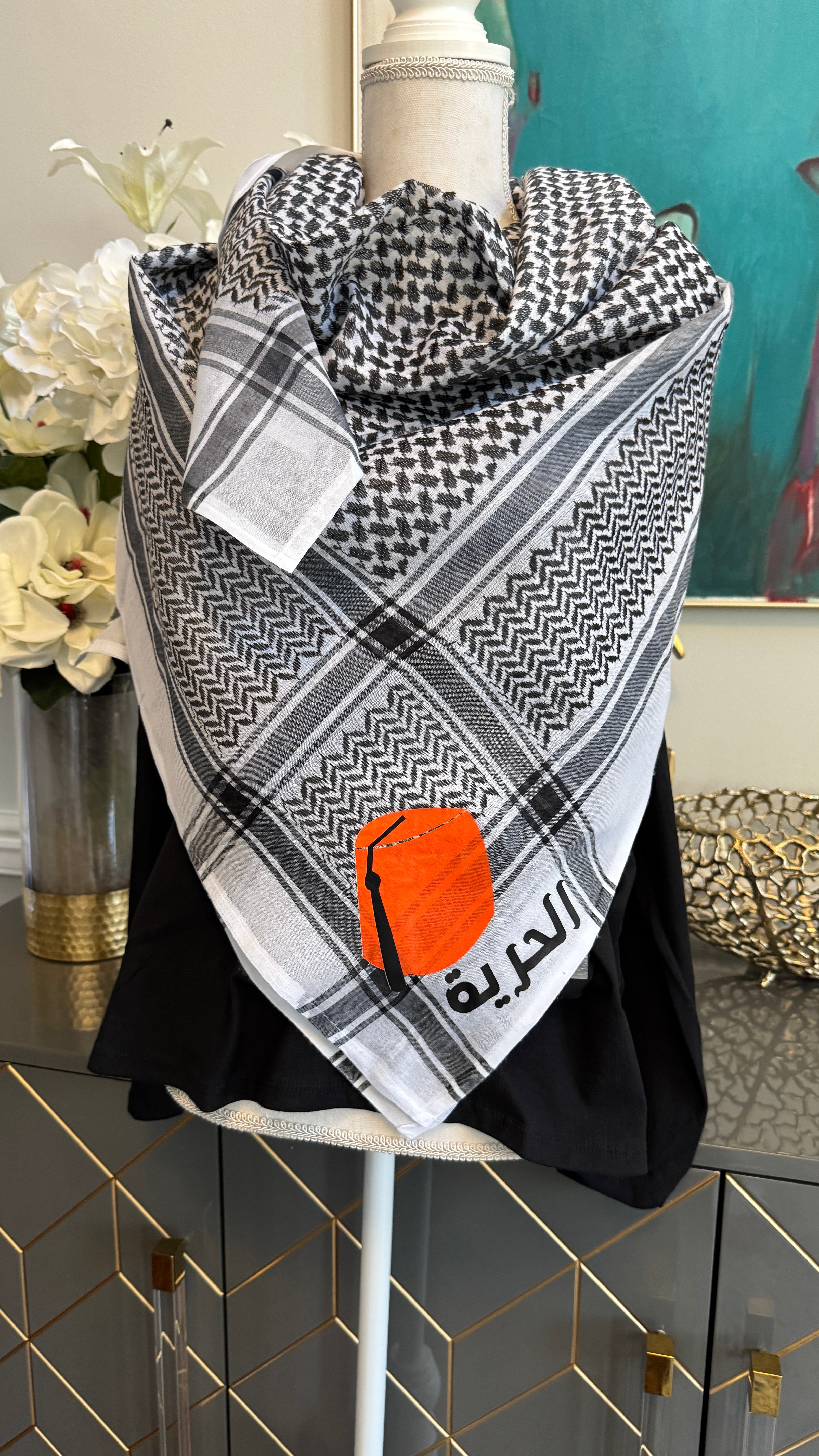 Black & White Keffiyeh, designed on both sides designed with Fez and Arabic Caligraphy الحرية and Sequin flower