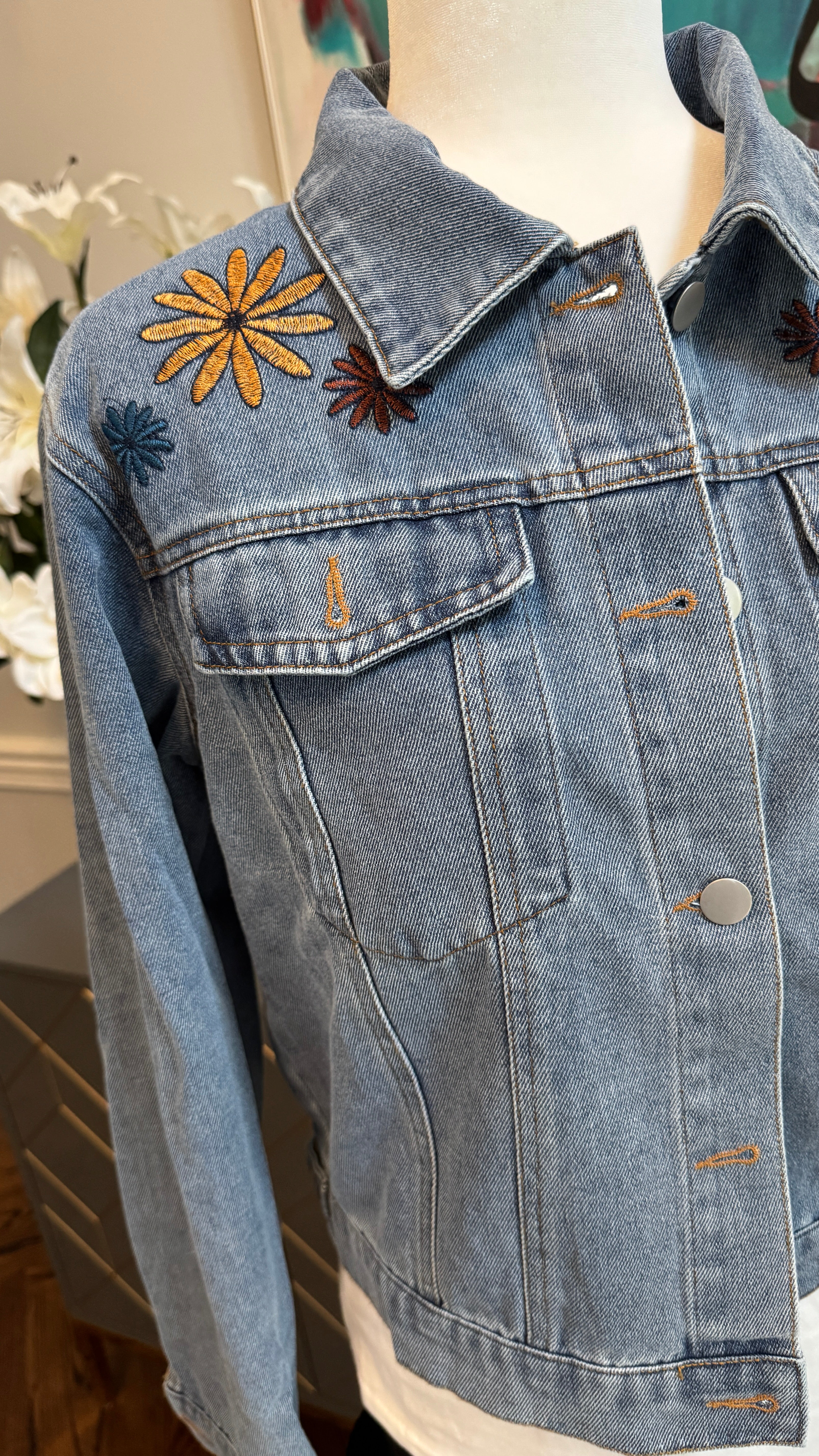 Denim Blue Jacket, embroidery flowers design theme