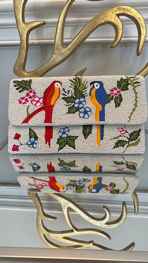 Multicolor embroidery birds beaded Clutch.