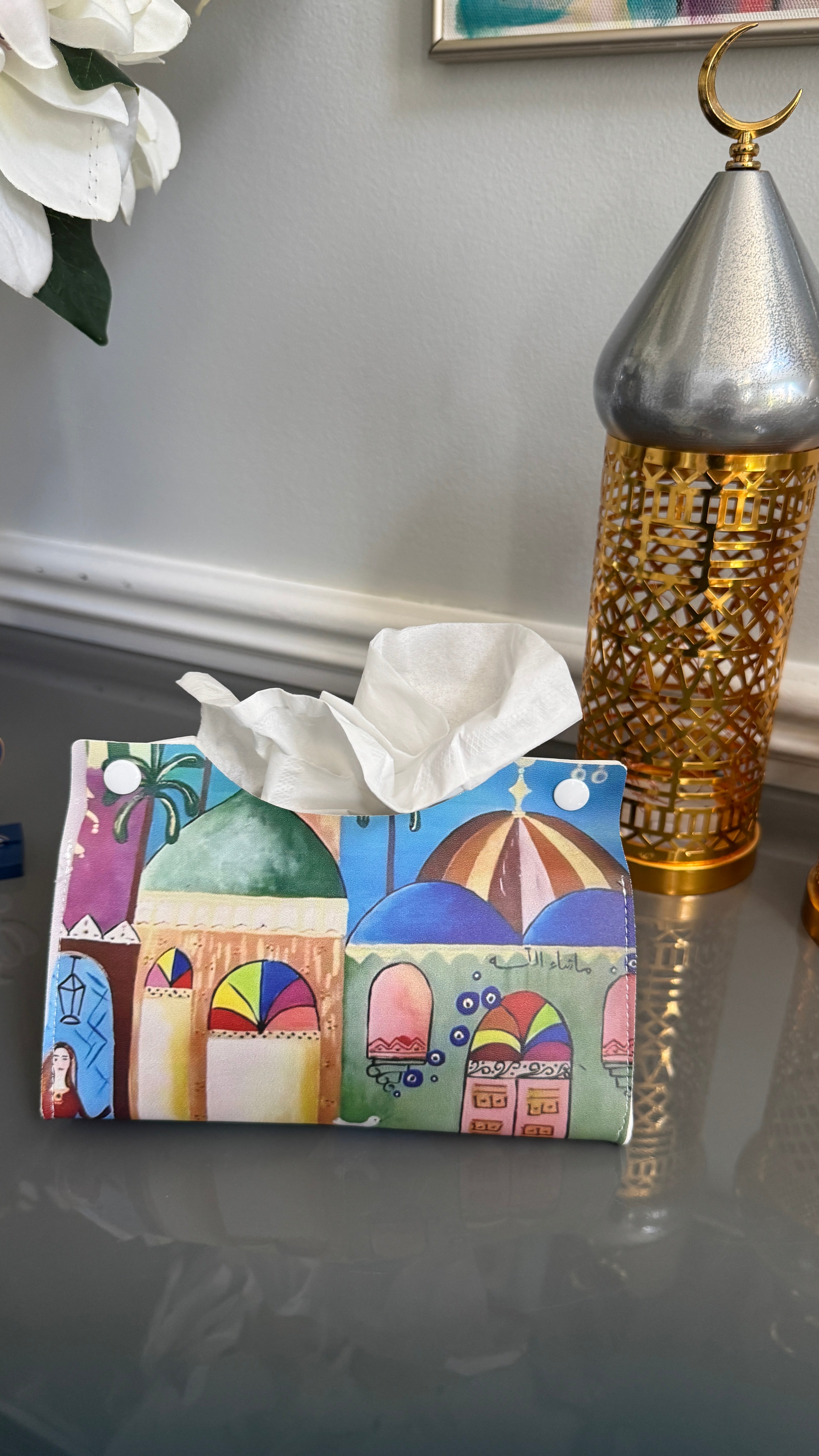 Tissue box cover designed with Middle Eastern Theme and Arabic Caligraphy ماشاءالله