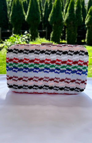 Multi color beaded keffiyeh hard case rectangle clutch, handbag