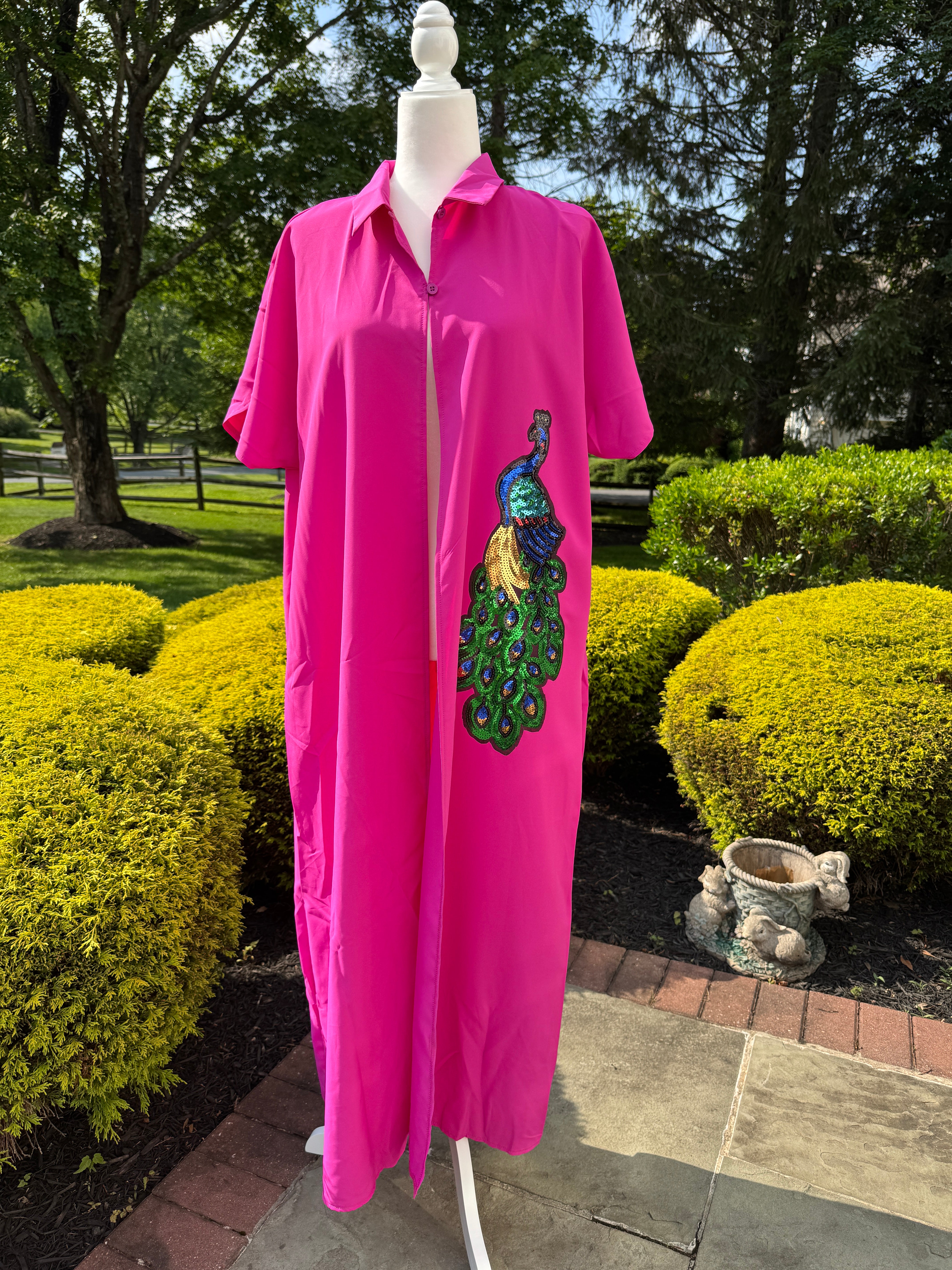 Casual Button Design Batwing Sleeve Super Long Shirt , designed with sequins motif.