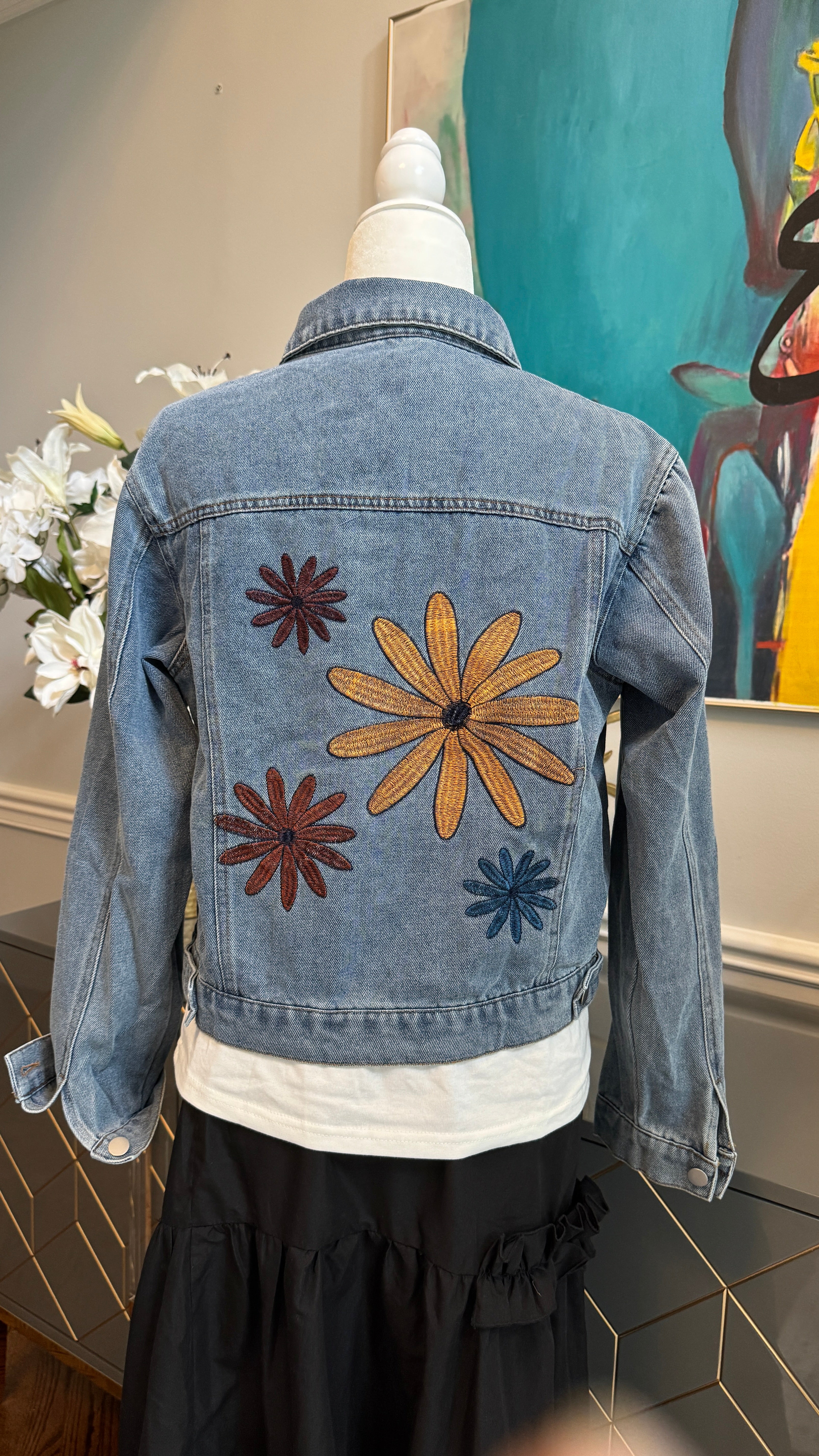 Denim Blue Jacket, embroidery flowers design theme