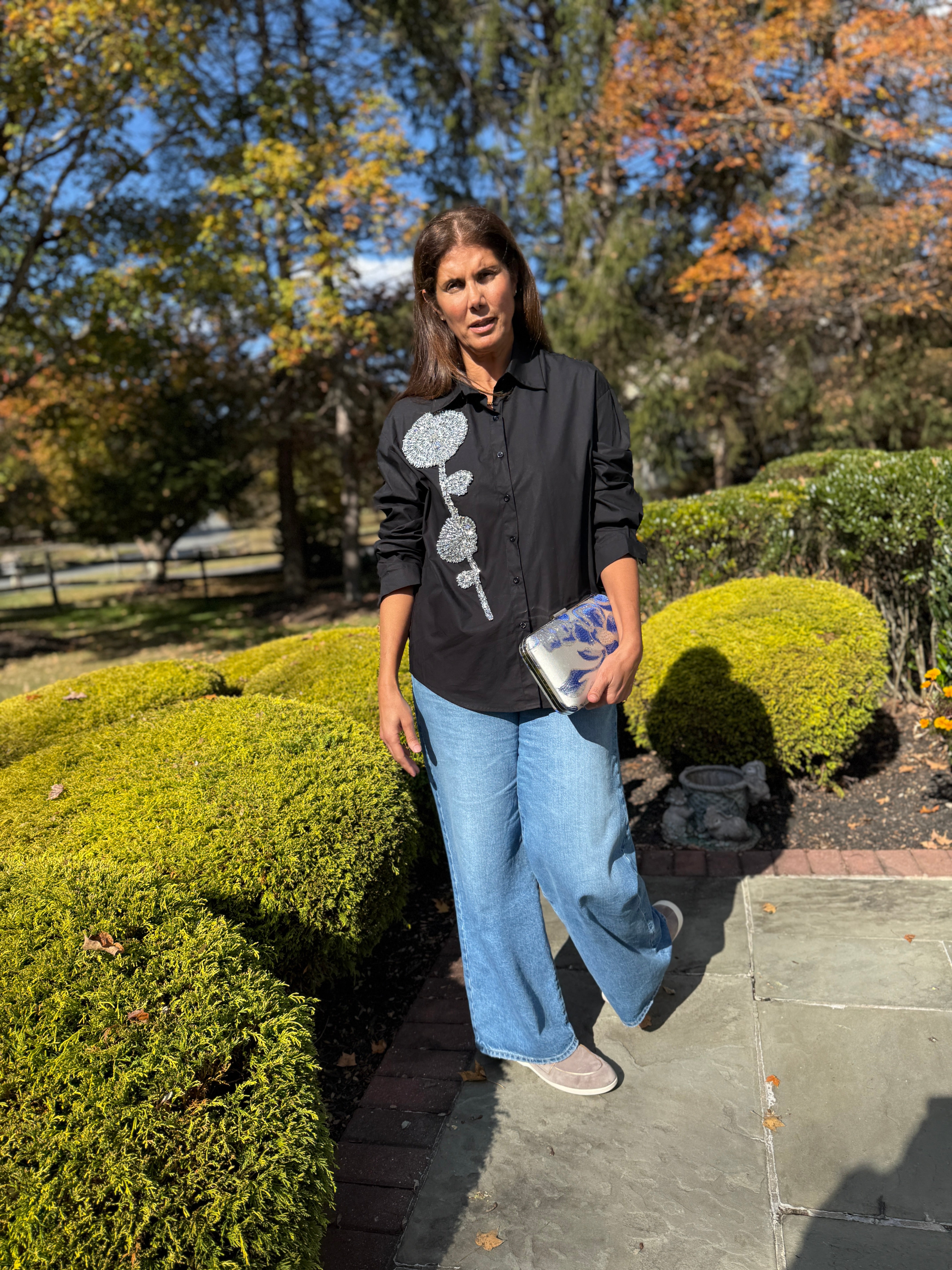 Embellished Shirt with crystal stone flower theme