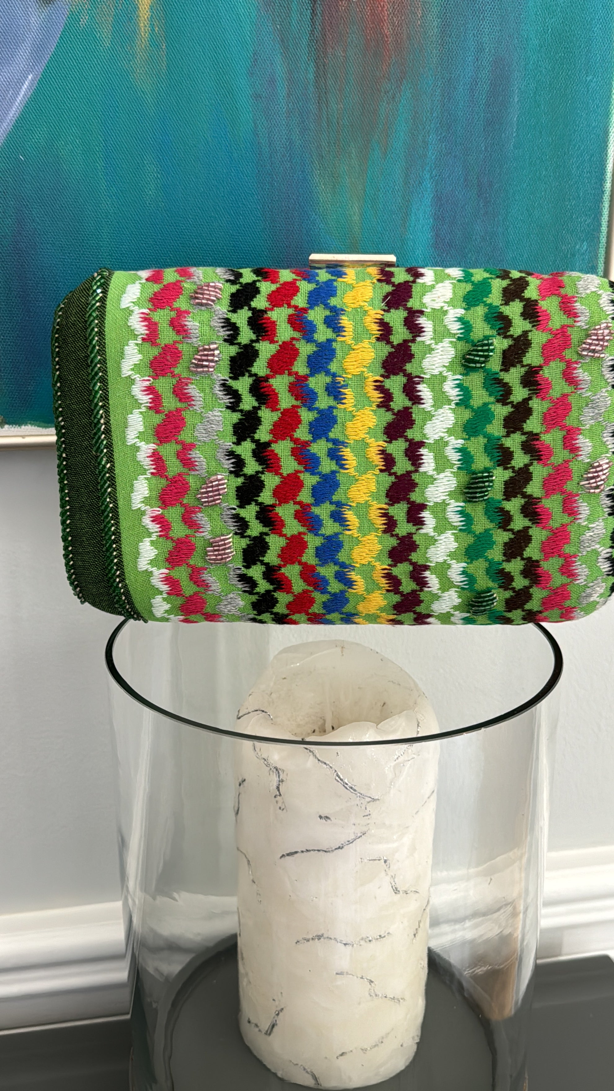 Green multi colors rectangle beaded keffiyeh Clutch, handbag