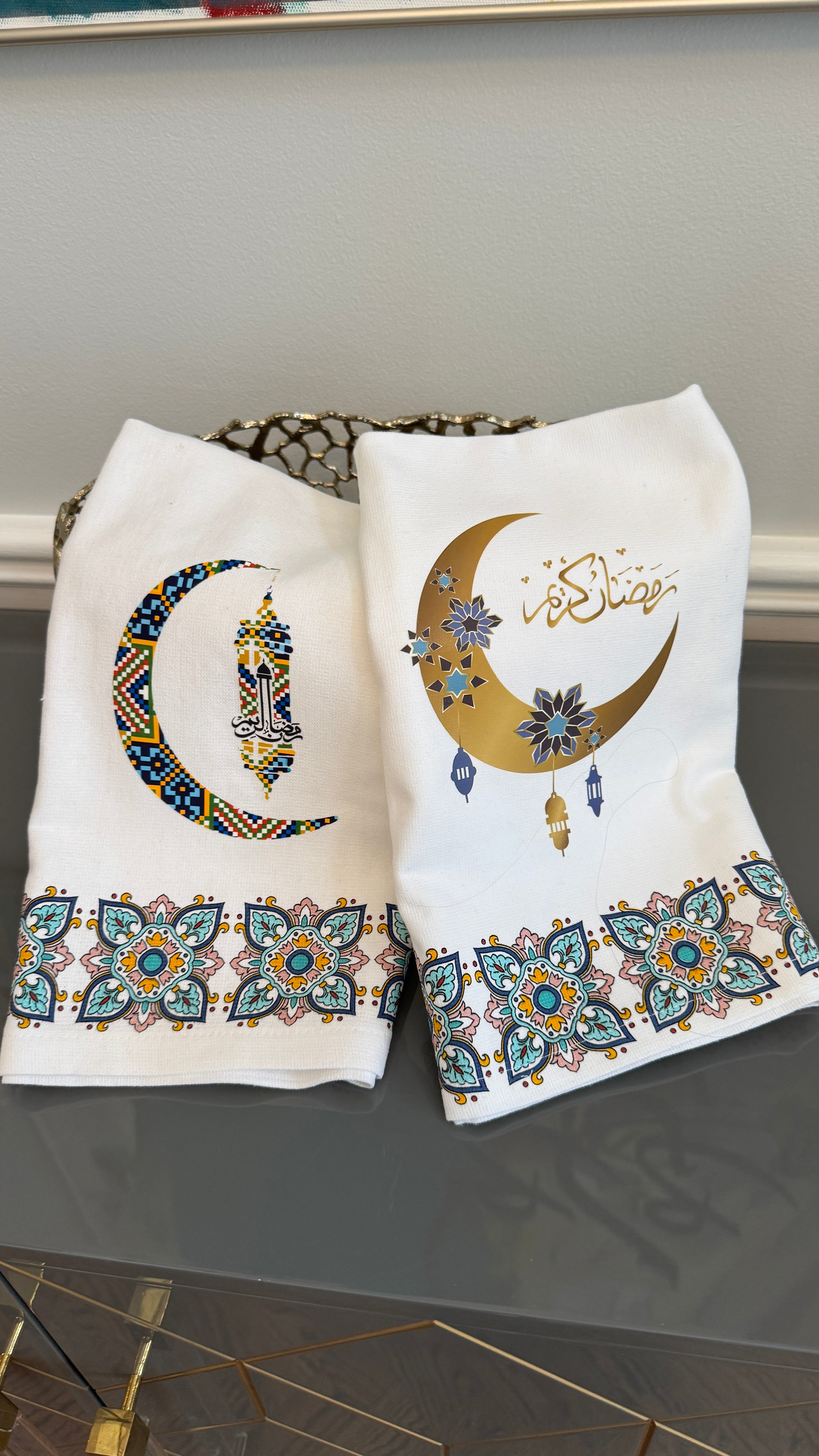 White Arabian mosaic design and Ramadan theme crescent and lantern.