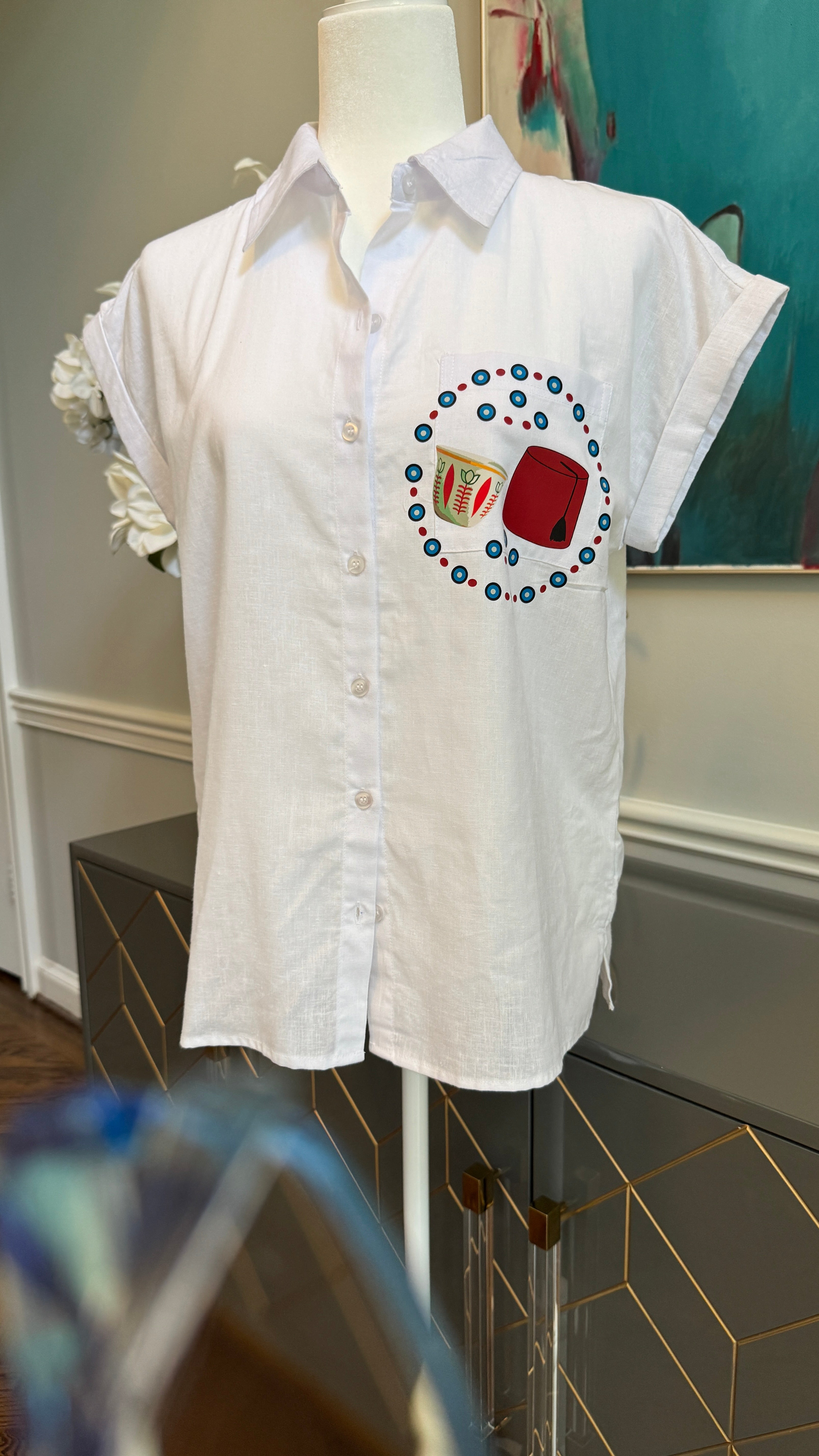 White blouse, top short sleeves evil eye and Fez design
