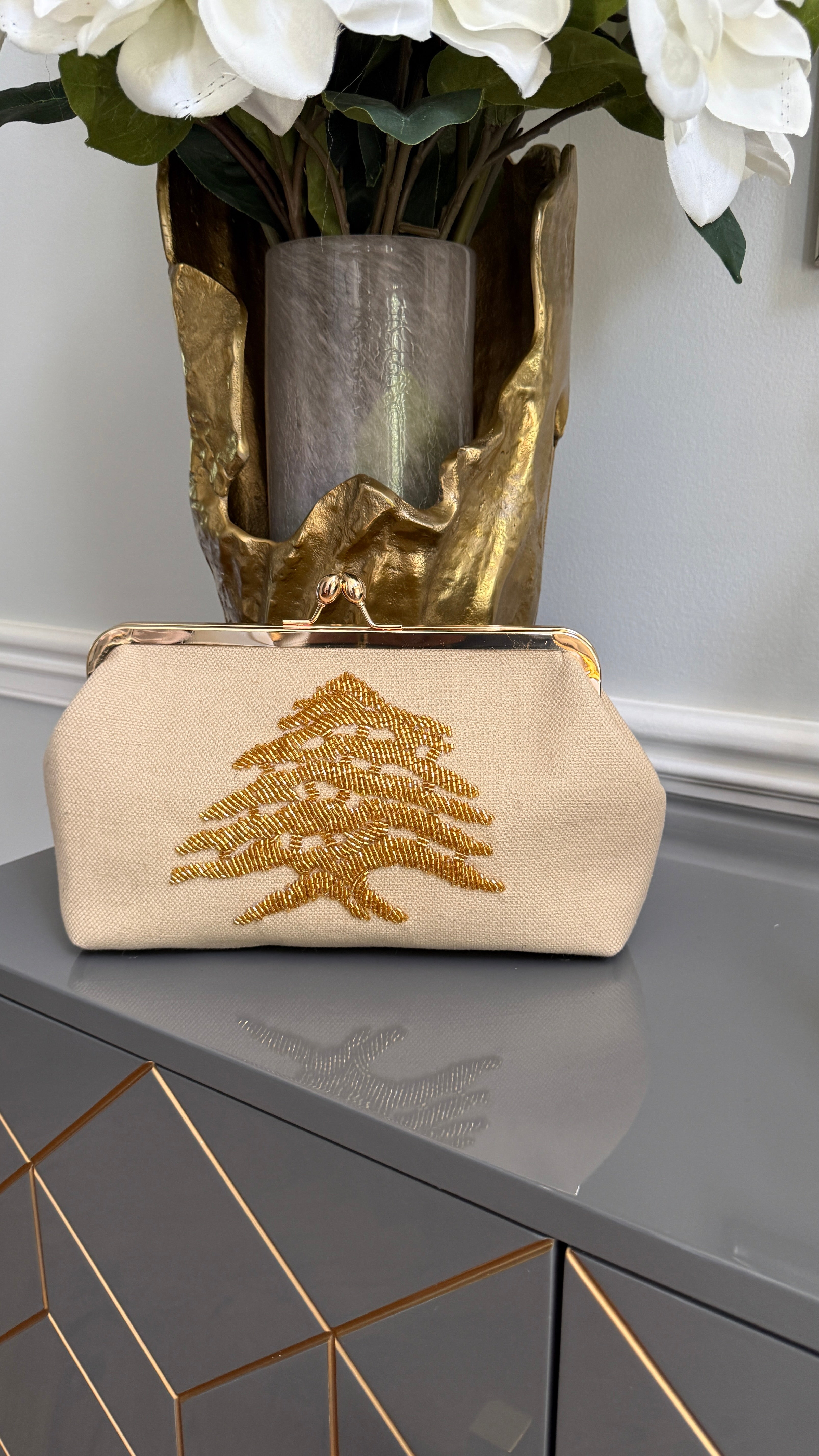 Off White Handbag, clutch, purse beaded cedar of Lebanon.
