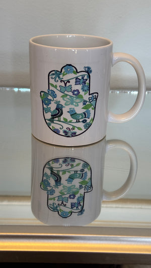 White Mug designed with colorful blue & teal color Fatimah's Hand
