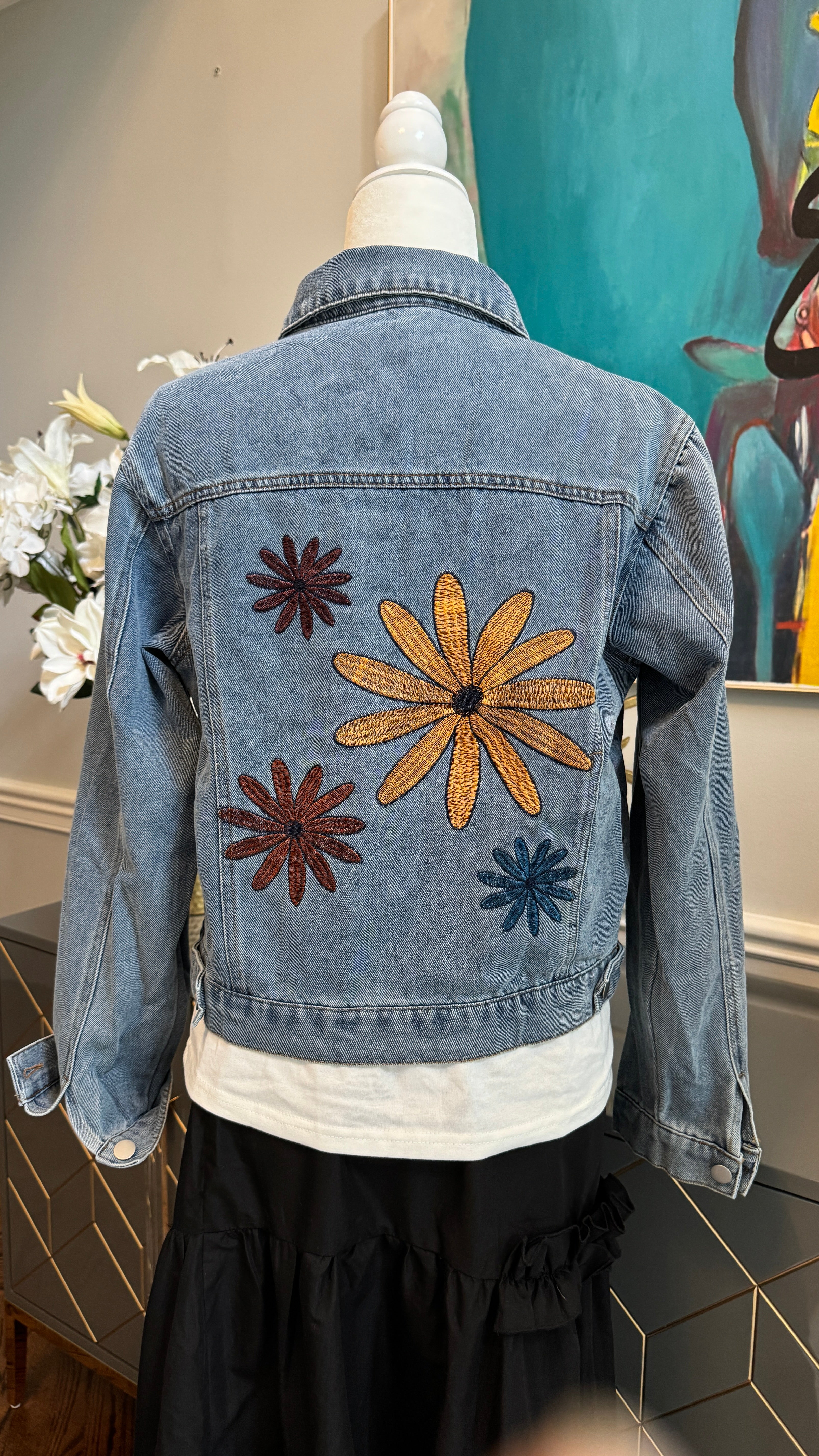Denim Blue Jacket, embroidery flowers design theme