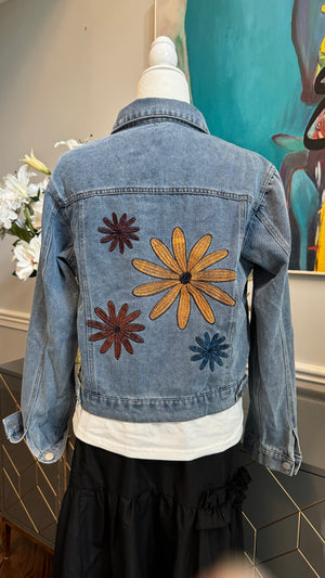 Denim Blue Jacket, embroidery flowers design theme