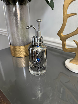 Clear Grayish Glass & Silver Soap Dispenser designed with evil eye 🧿 motif.