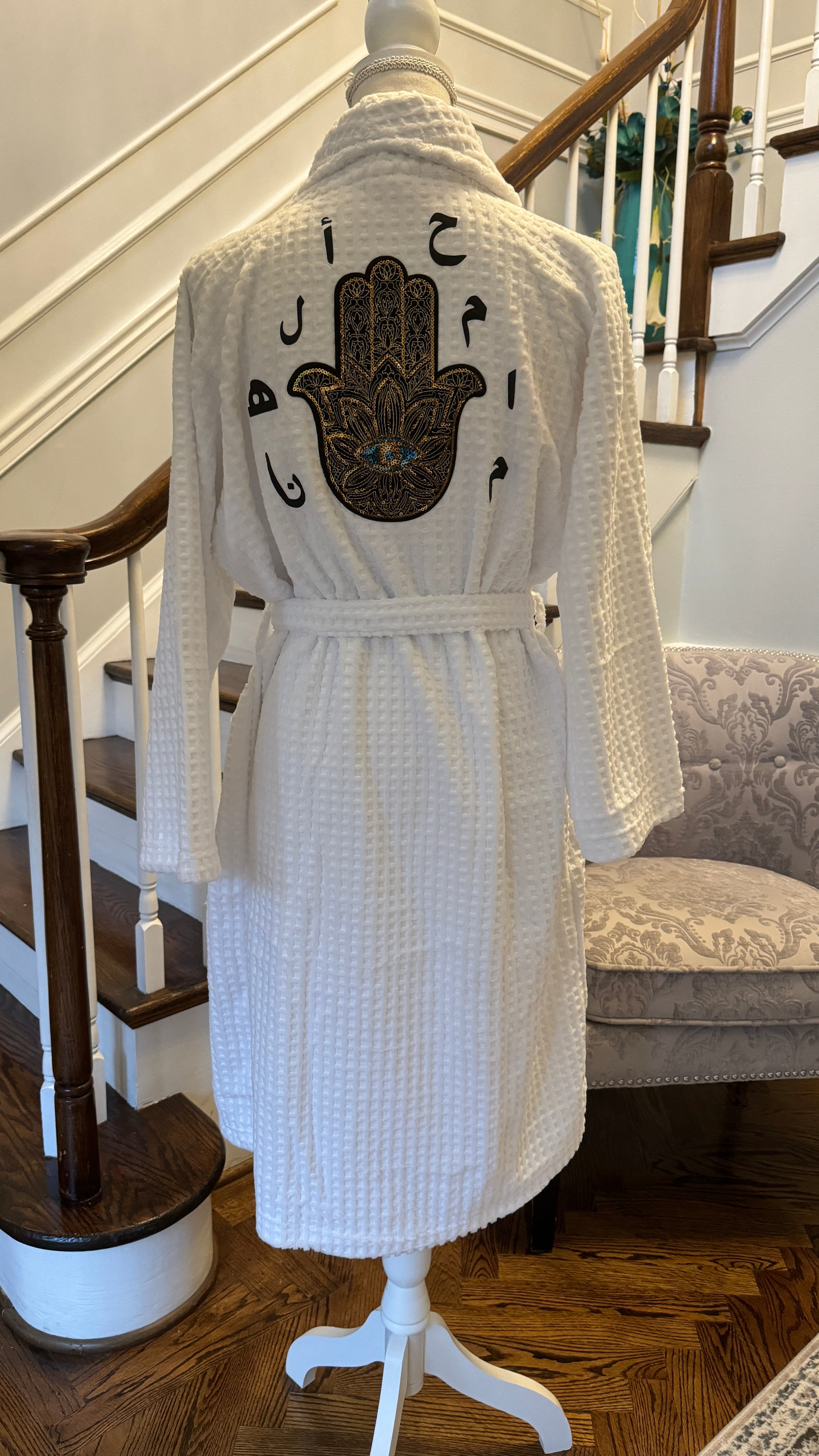 Spa Robe designed with sequins Fatima Hand and Arabic Calligraphy حمام الهنا