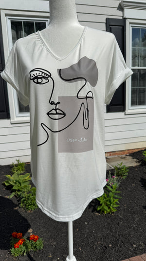 V Neck neck white shirt beauty & Arabic caligraphy Design عليك عيون