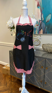 Black Apron with Red & White ruffles ملكة الطبخ