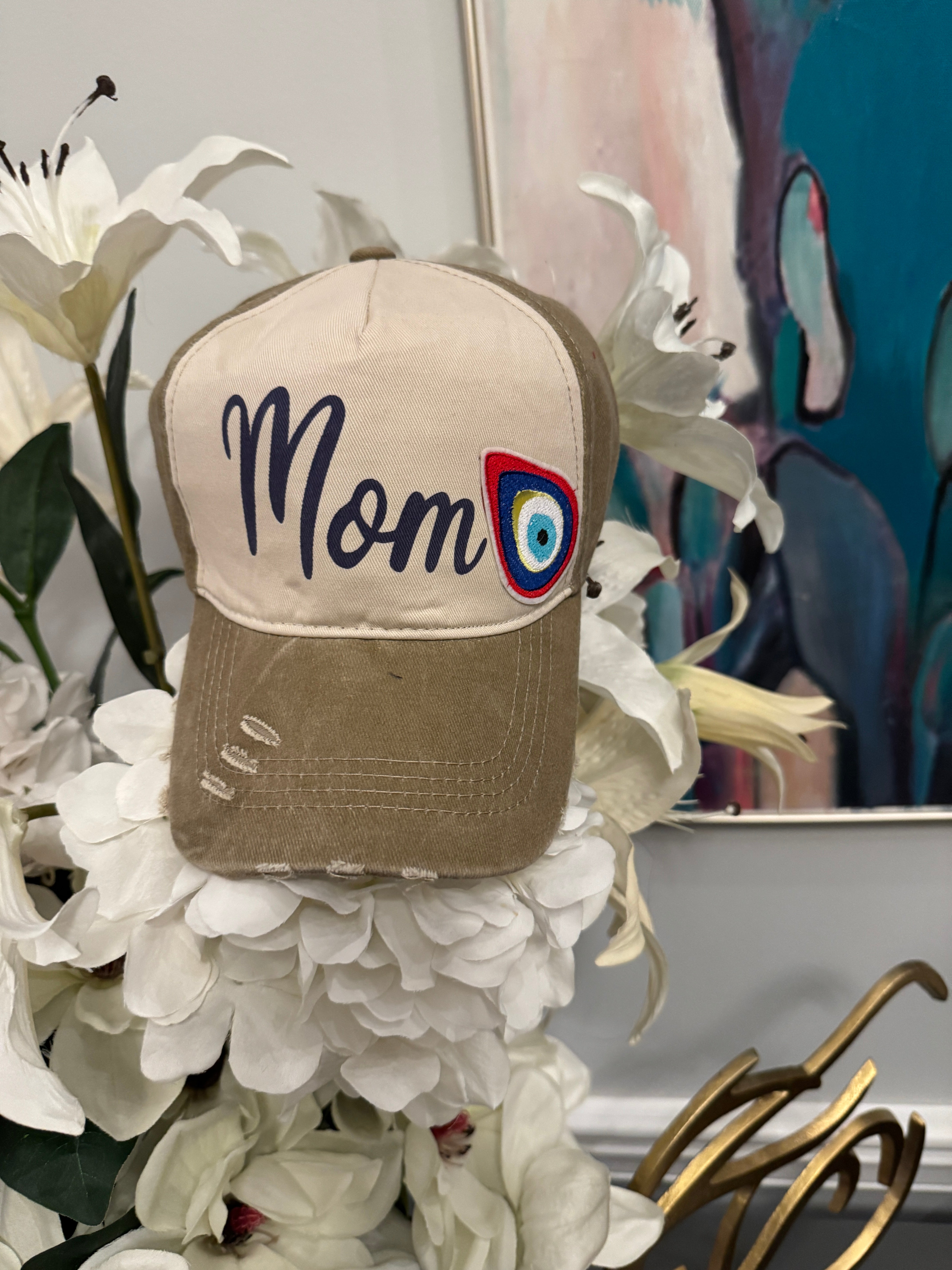 Cap hat Mom design with embroidery tear drop evil eye.