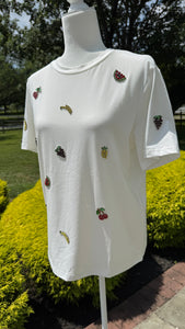 Round neck T-shirt with beaded fruits Design