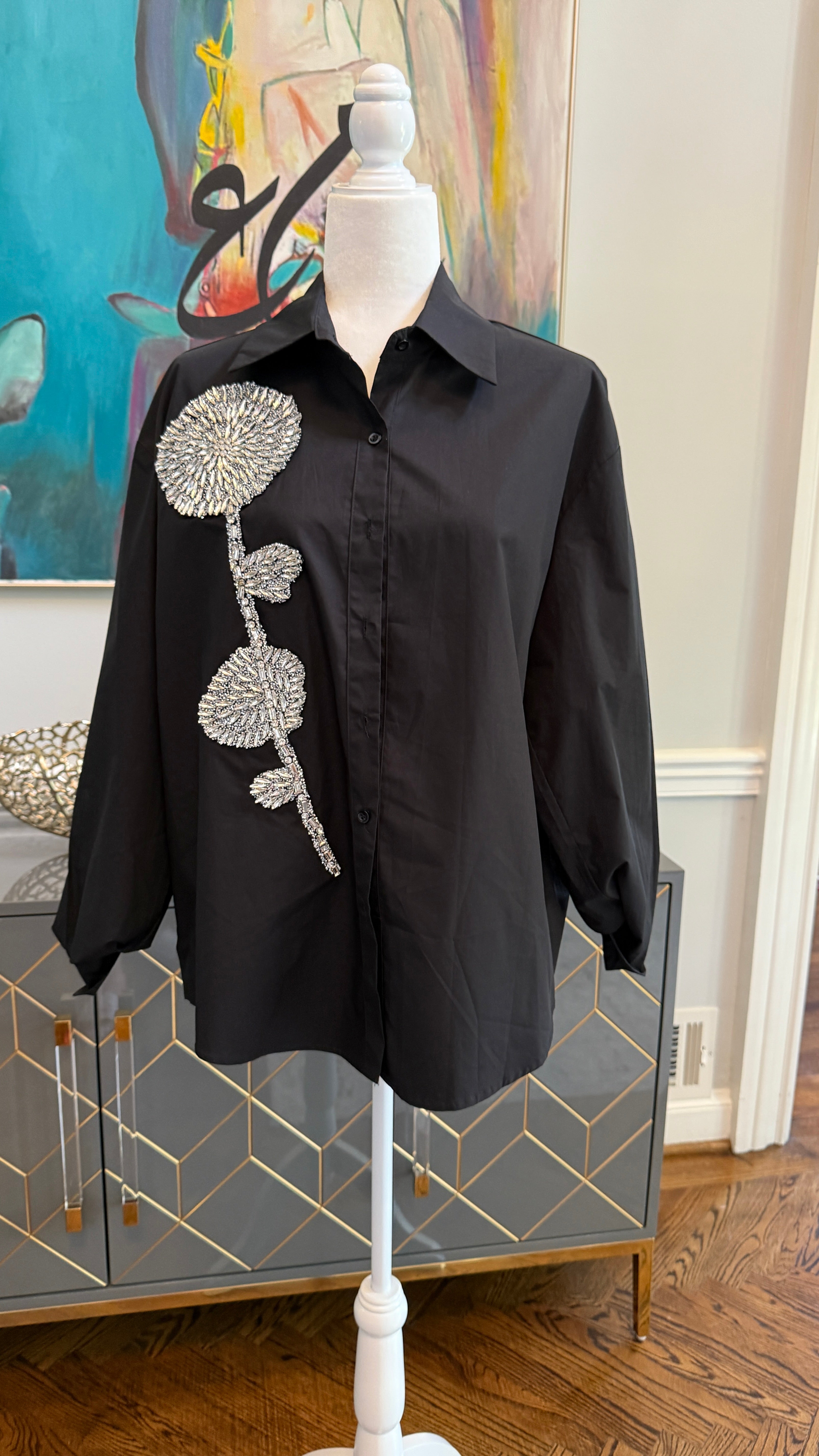 Embellished Shirt with crystal stone flower theme