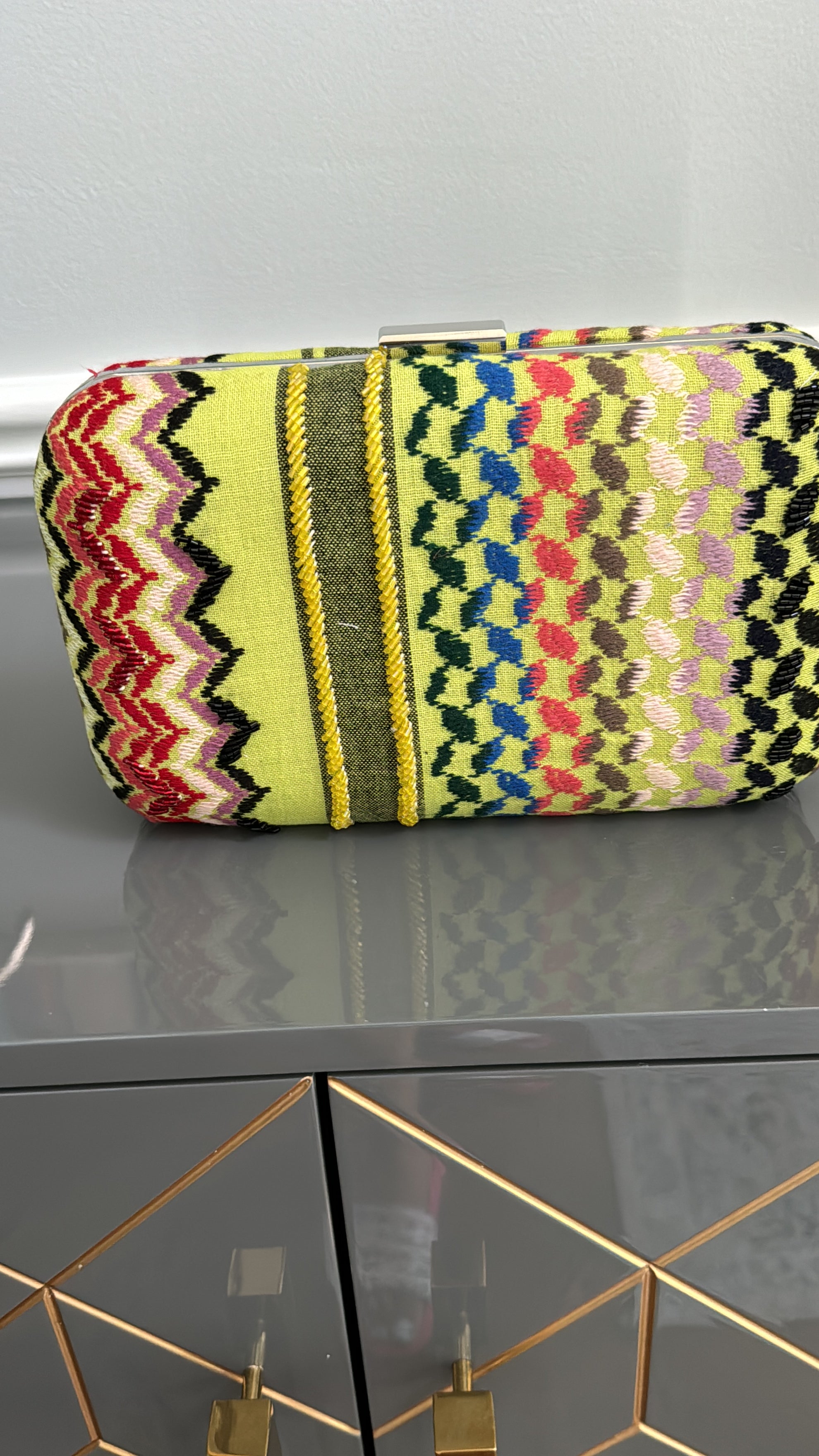 Yellow multi colors rectangle beaded keffiyeh Clutch, handbag