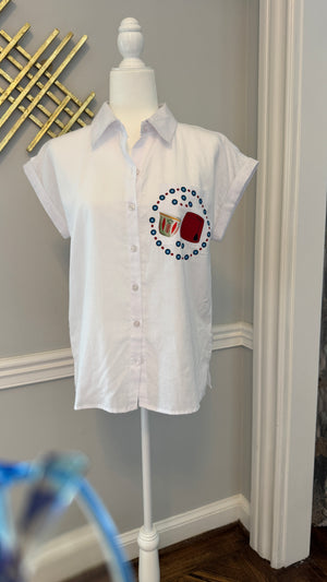White blouse, top short sleeves evil eye and Fez design
