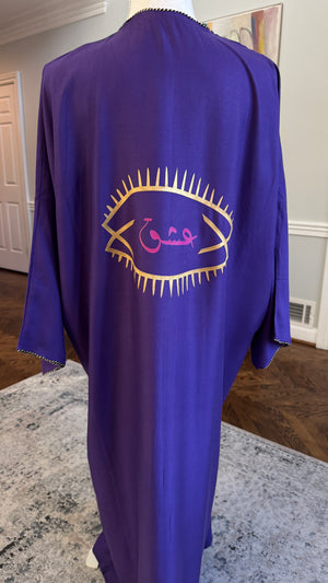 Deep Purple Open caftan embroidery design on the front. Designed with Arabic Calligraphy سألتك حبيبي لوين رايحين. Unique design on the back عشق