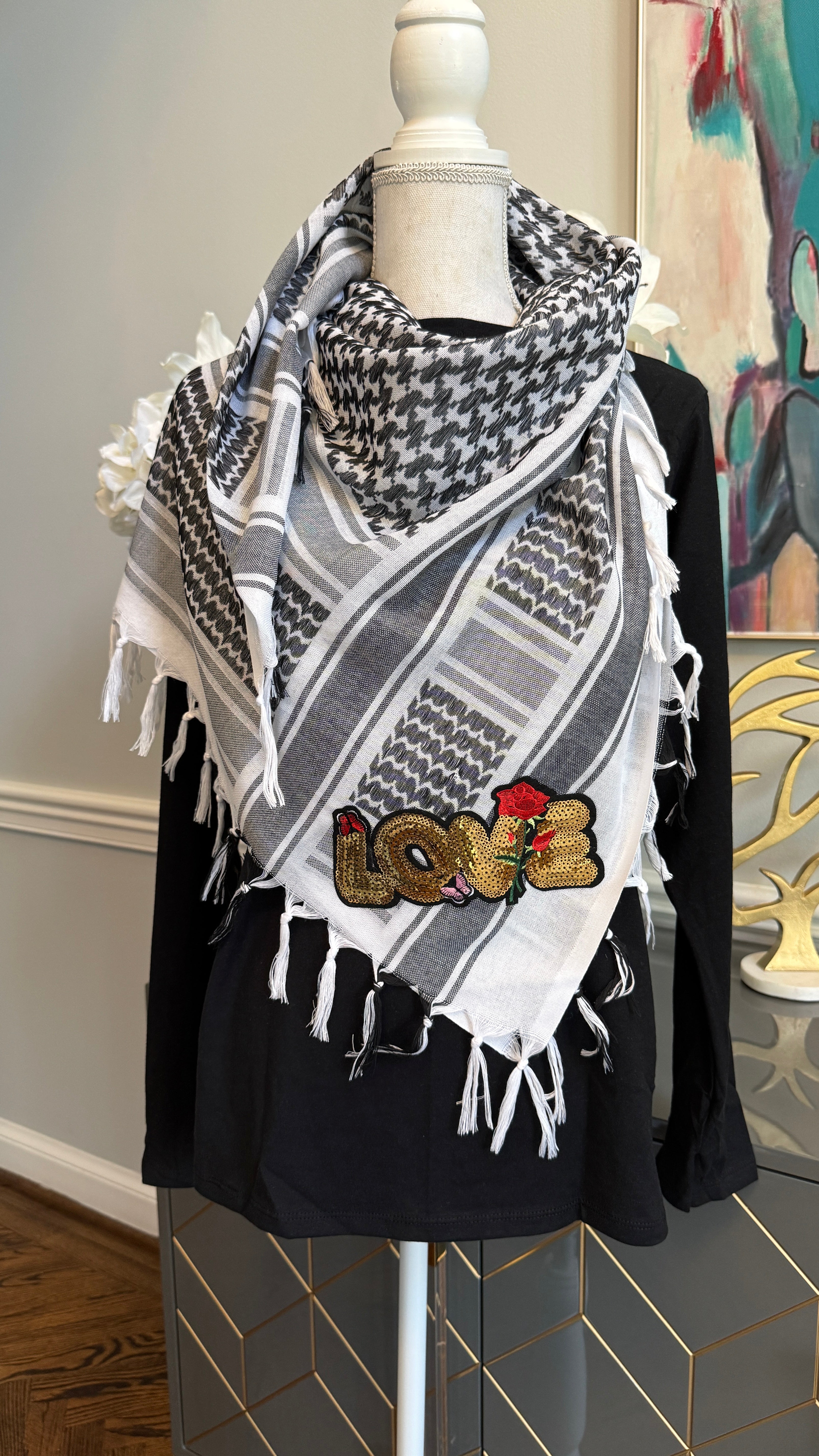 Black & White Keffiyeh, Kuffiyeh, Shemagh designed with Sequin motif