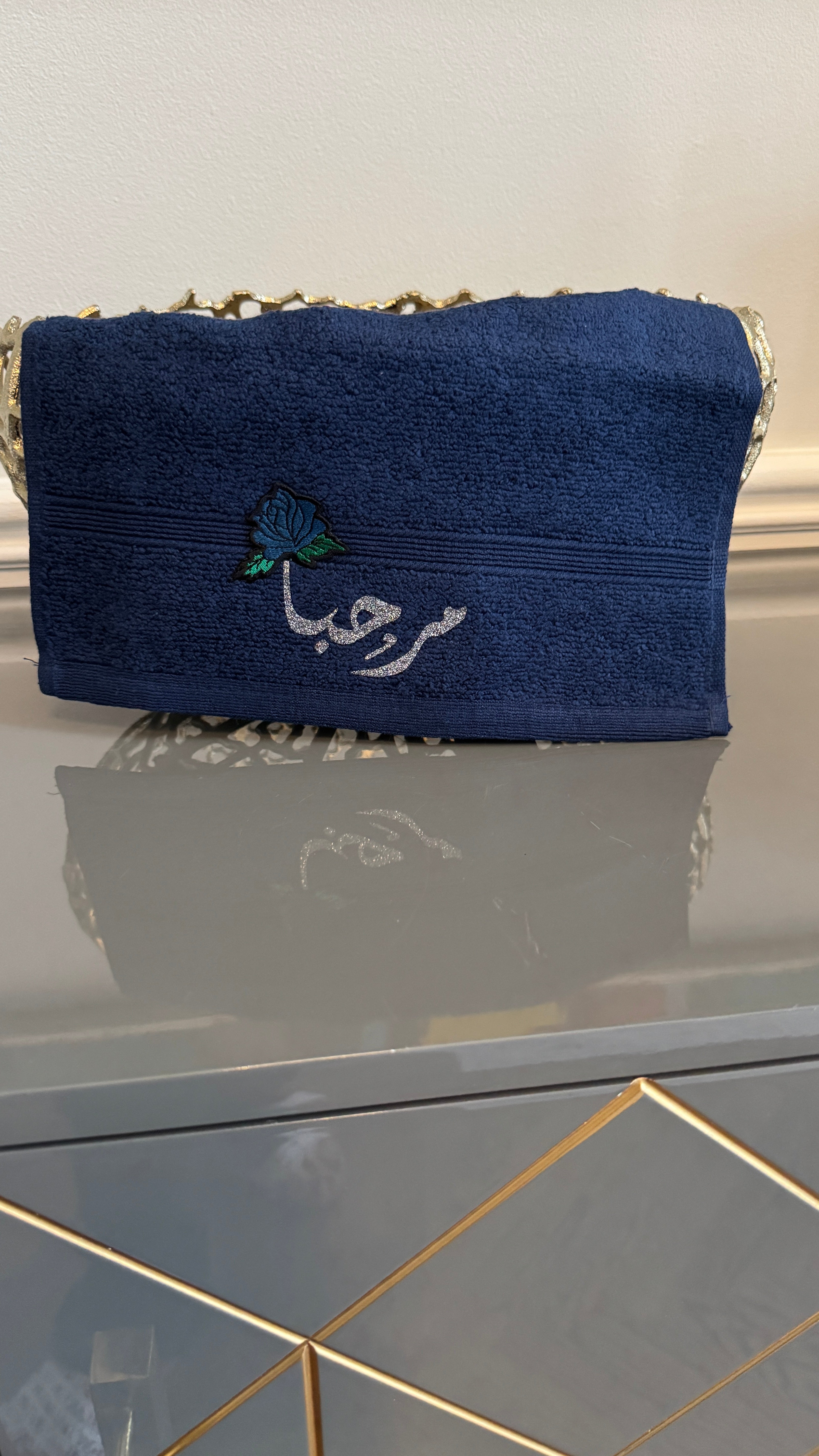 Blue Hand towel designed with Arabic Calligraphy مرحبا